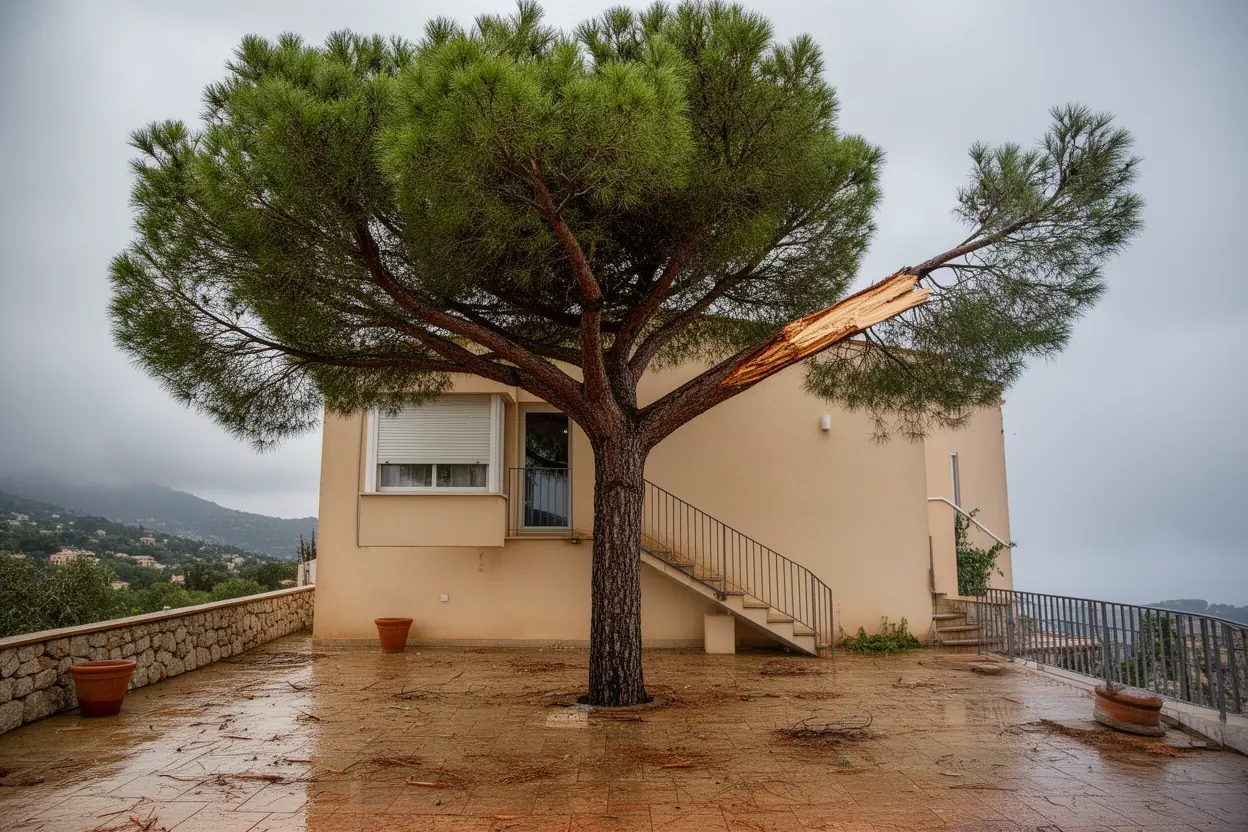 Branche de pin rompue au-dessus d'une terrasse à Èze