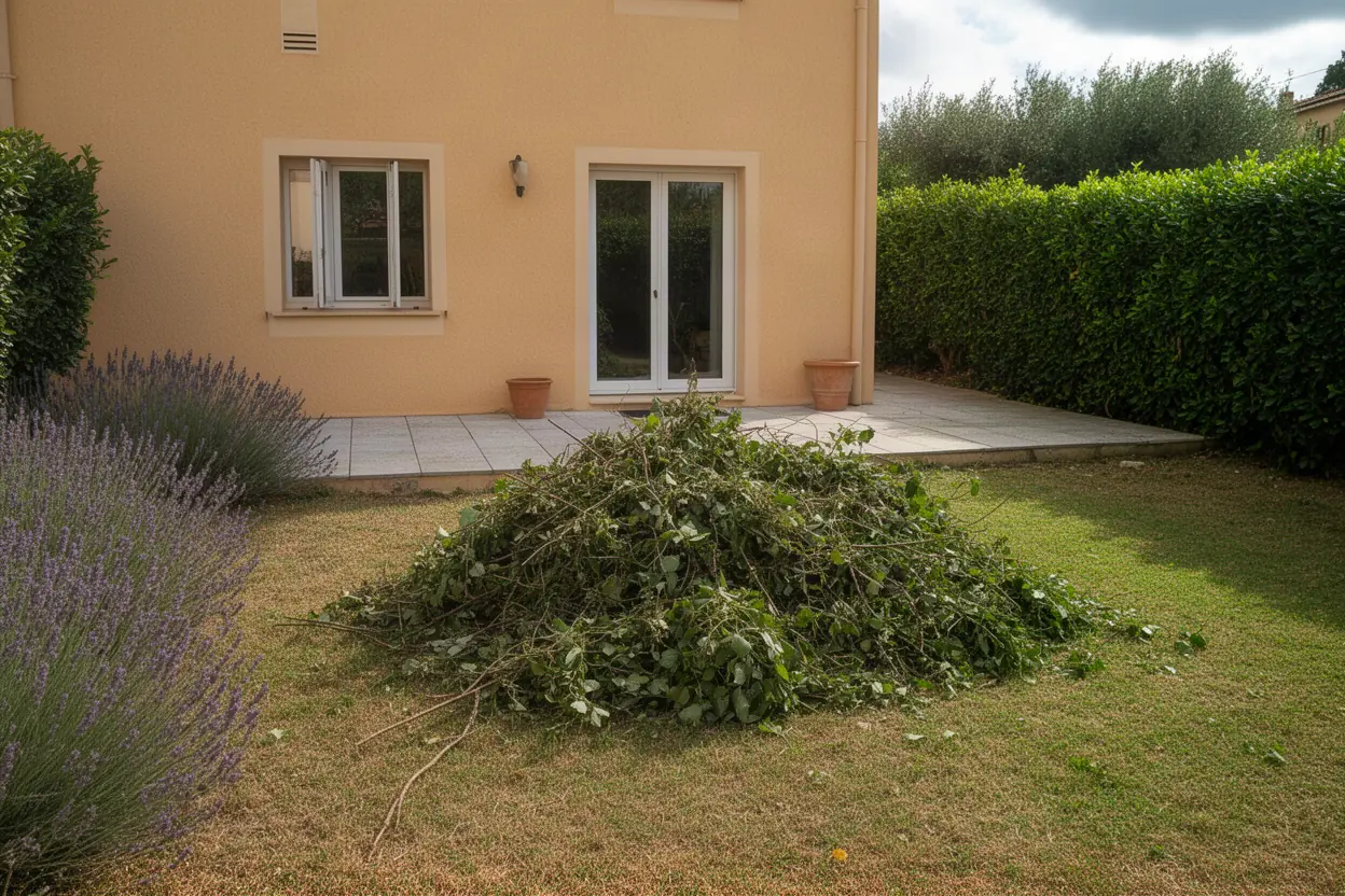 Amas de branches dans un jardin niçois avant ramassage