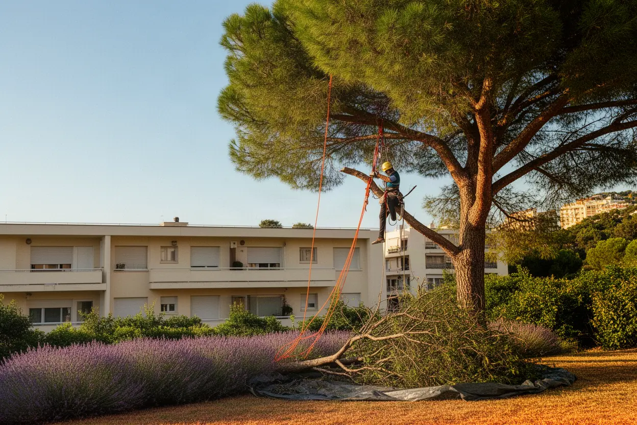 Élagueur taillant un arbre adulte à Nice
