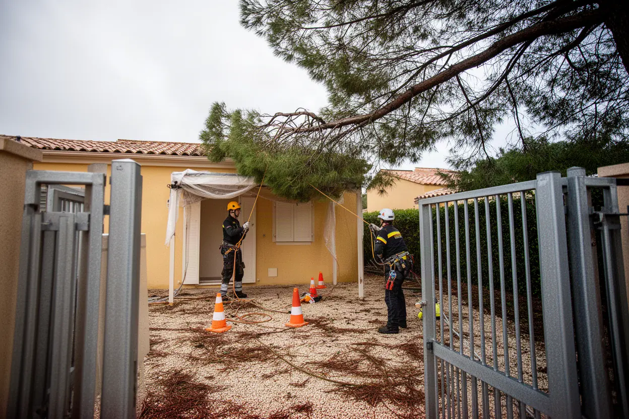 Élagueur sécurisant un arbre après tempête à Nice