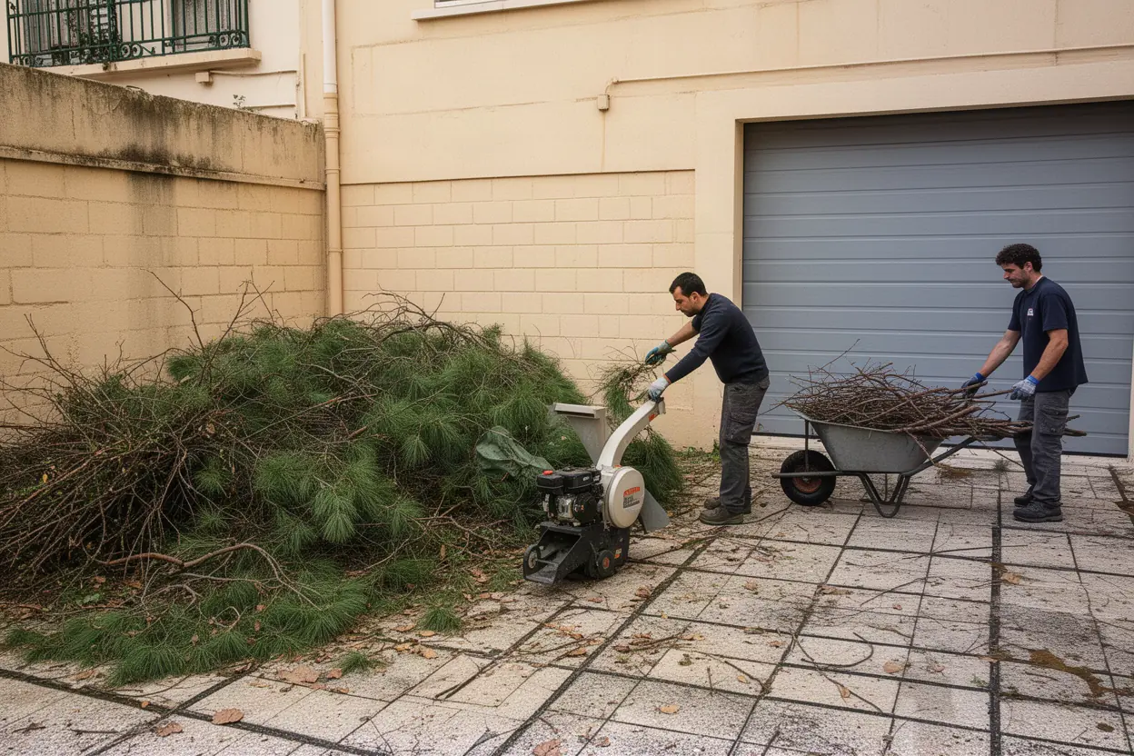 Broyage de branches après élagage à La Trinité