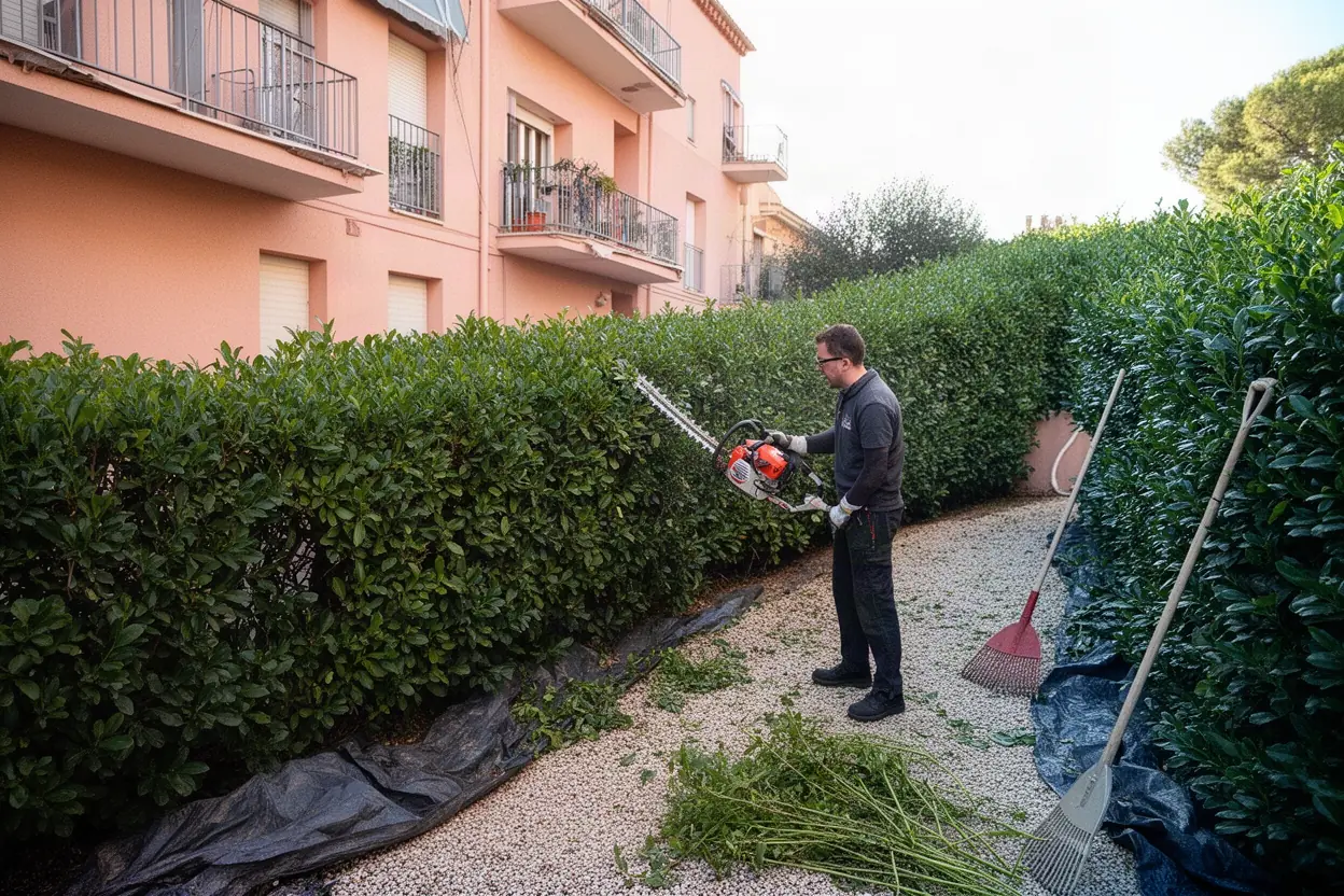 Taille d'une haie de cyprès à La Trinité